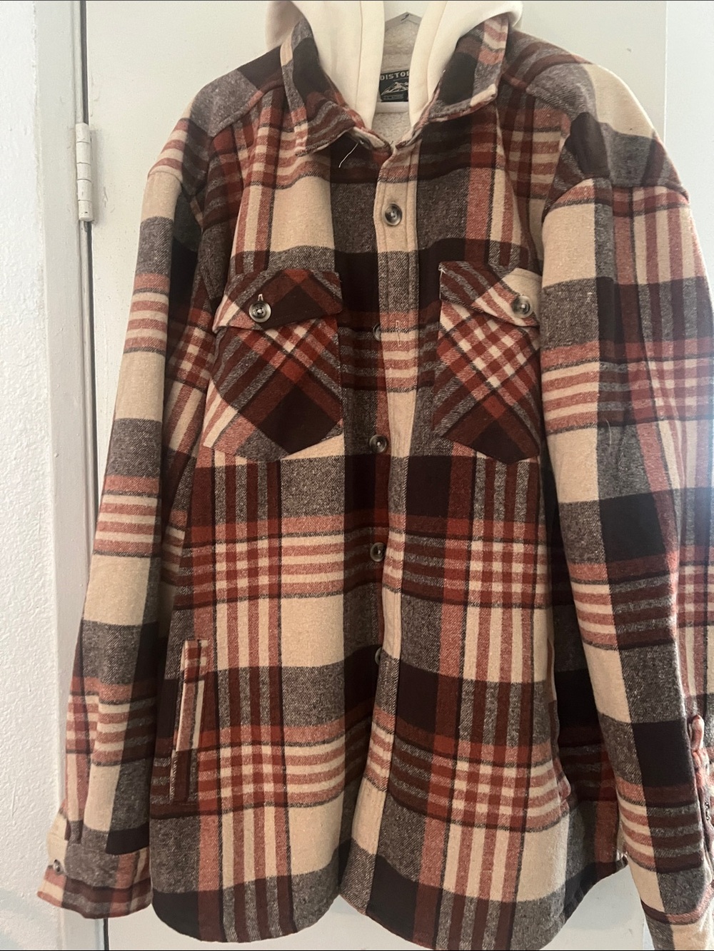 Plaid Hooded Utility Shacket in Brown, Cream & Rust